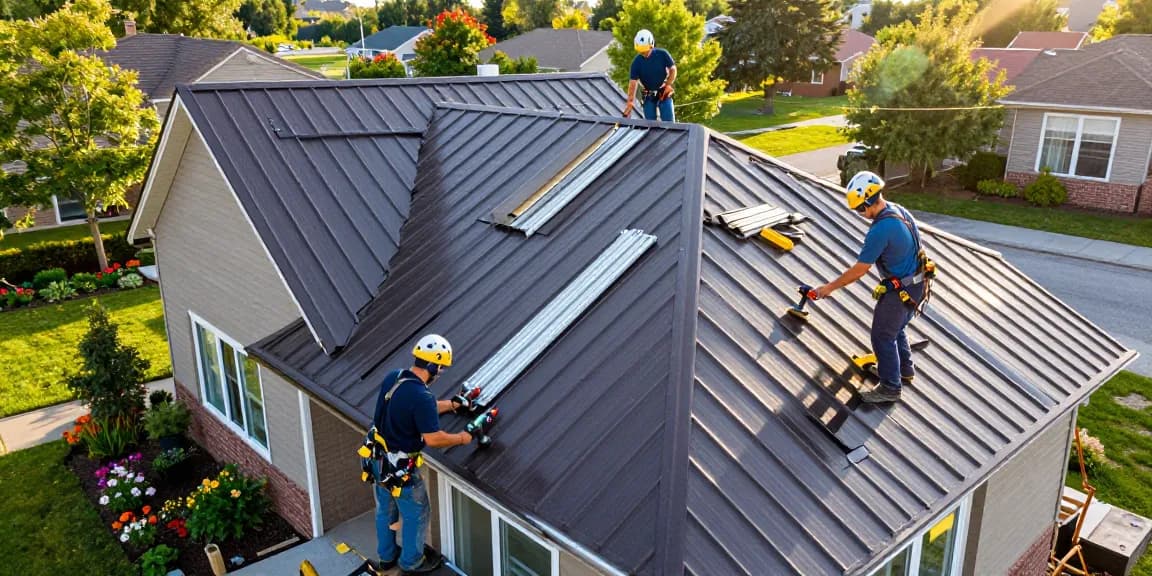Metal roofing installation by MRoof Canada in a residential neighborhood, showcasing professional roofers and quality materials.