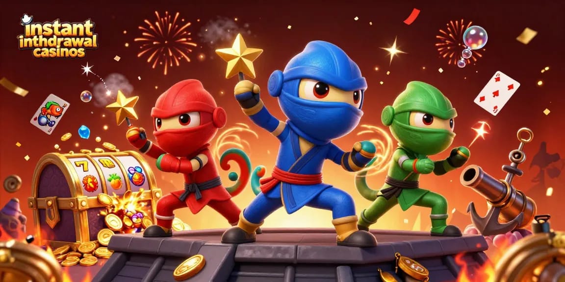 Experience instant withdrawal casinos with ninja chameleons and slot symbols in a vibrant celebration.