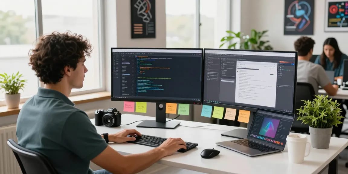 Dynamic workspace of WPS Official Website developer, engaging with multiple screens in a bright, modern office setting.