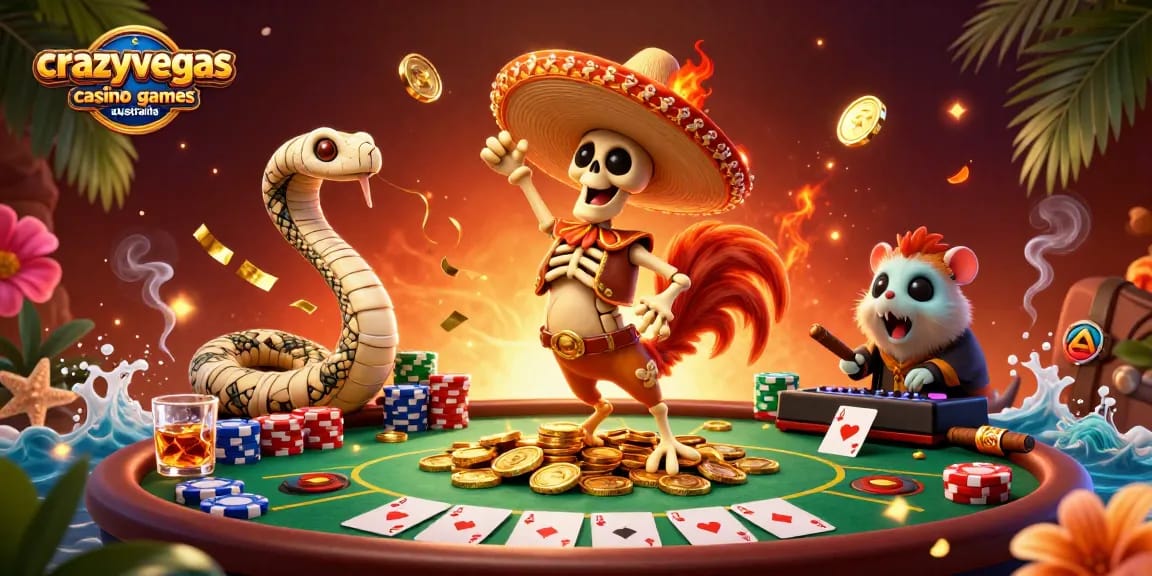 Experience the vibrant thrills of crazyvegas casino games australia with a lively mariachi rooster celebrating on golden coins.