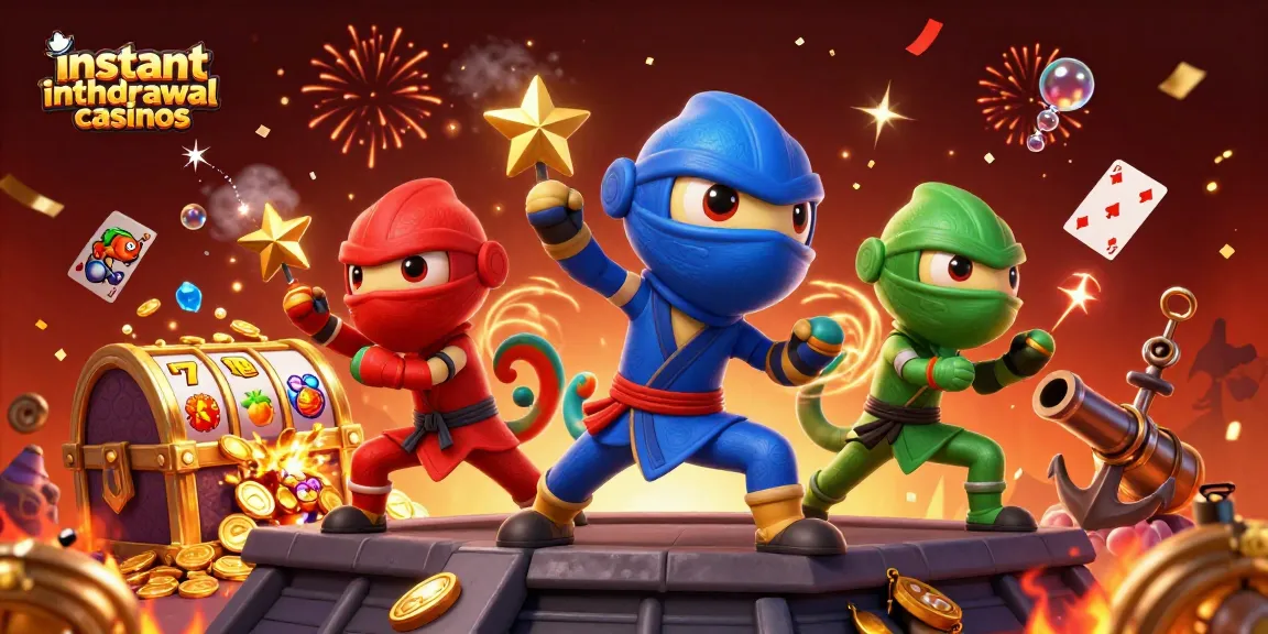 Experience instant withdrawal casinos with ninja chameleons and slot symbols in a vibrant celebration.