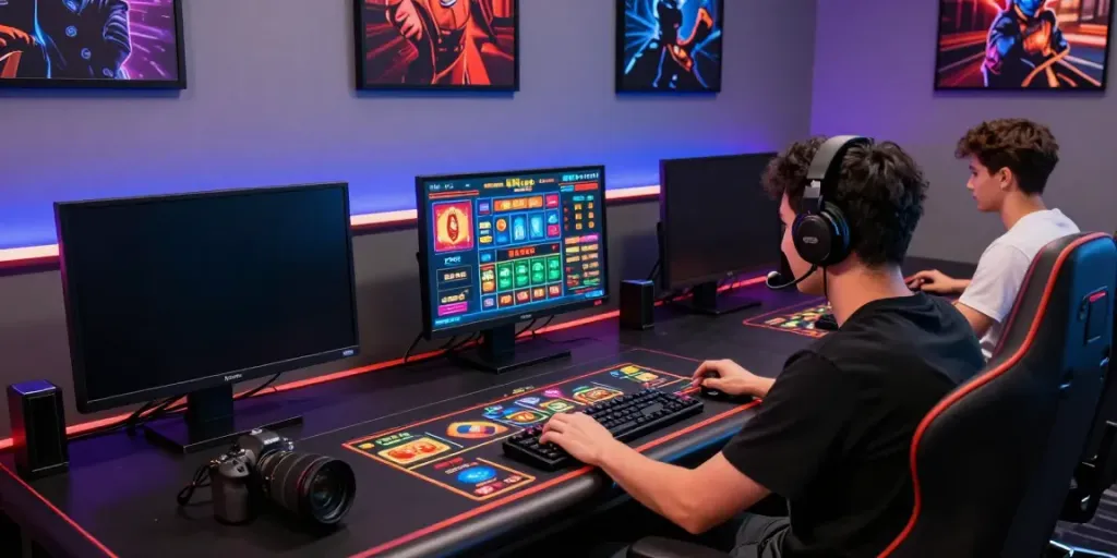 Engaged user experiencing dynamic online gaming at KU88, showcasing vibrant graphics and a modern setup.
