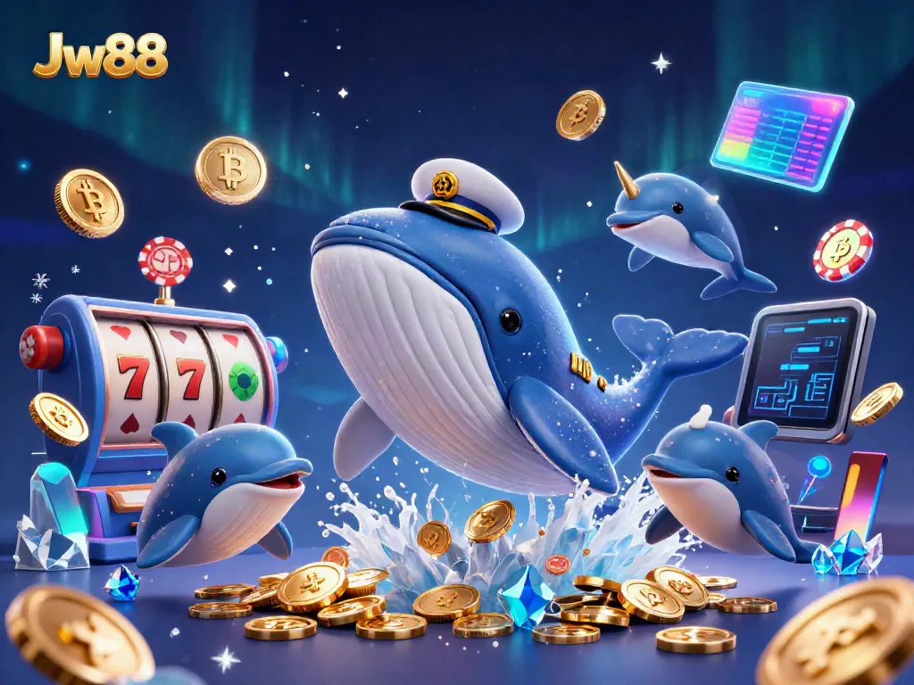 Experience the thrilling underwater world of Jw88 with a cartoon whale and vibrant casino elements.