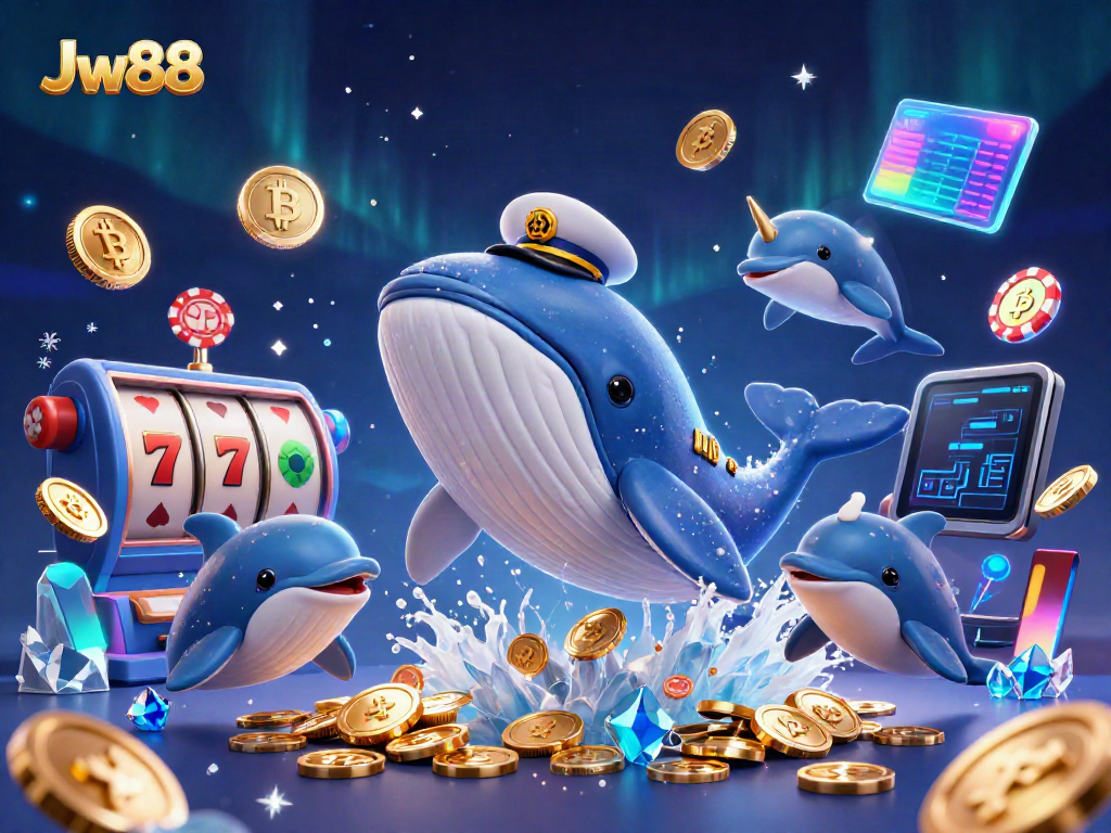 Experience the thrilling underwater world of Jw88 with a cartoon whale and vibrant casino elements.