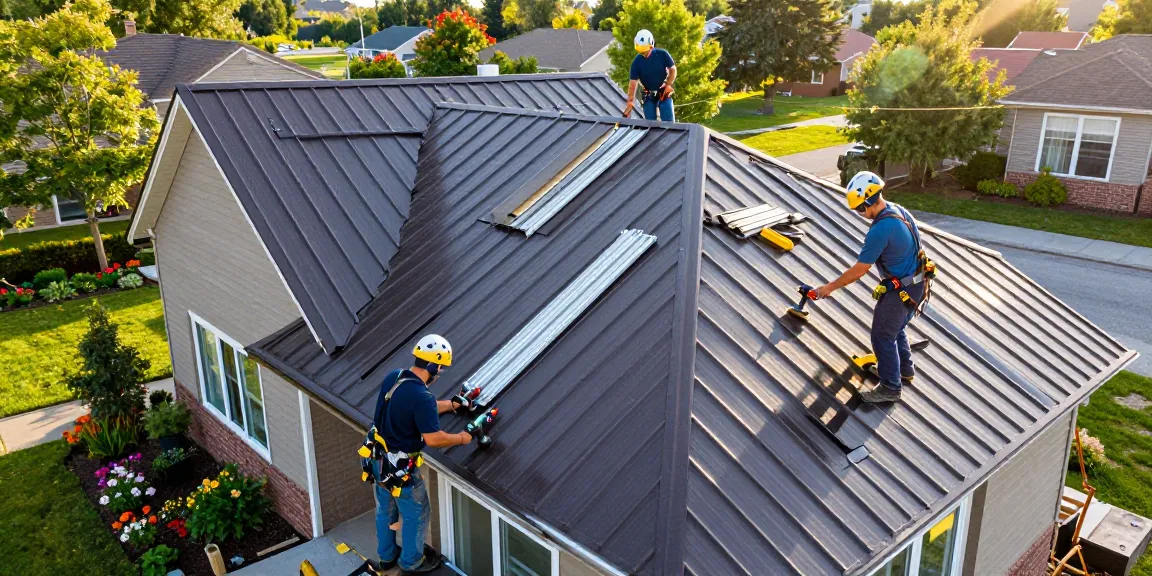 Metal roofing installation by MRoof Canada in a residential neighborhood, showcasing professional roofers and quality materials.