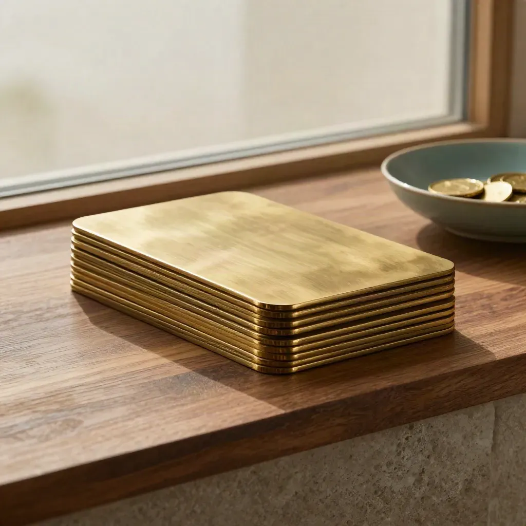 Brushed brass debt stack beside a teal coin bowl on a walnut stone ledge.
