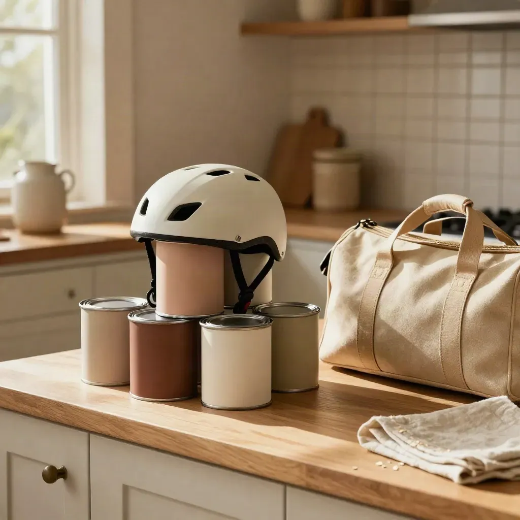 Paint cans, bike helmet and travel duffel in a warm sunlit kitchen nook with oak counter.