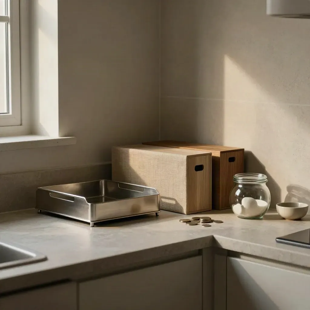 Quiet Toronto kitchen corner with storage boxes, mail tray and a savings jar in late-day light.