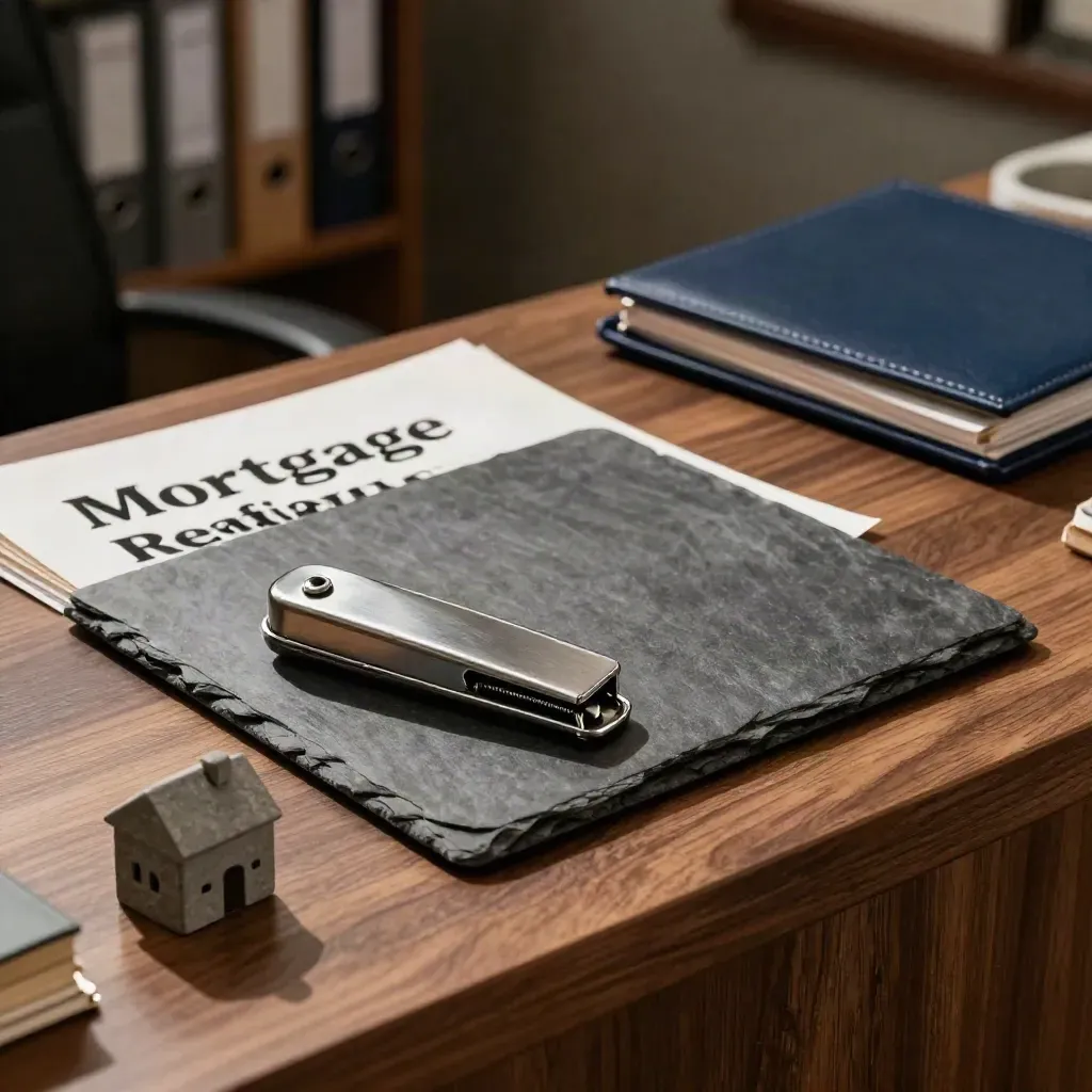 Mortgage refinance workspace still life with folder clip, letter opener and house paperweight on walnut.