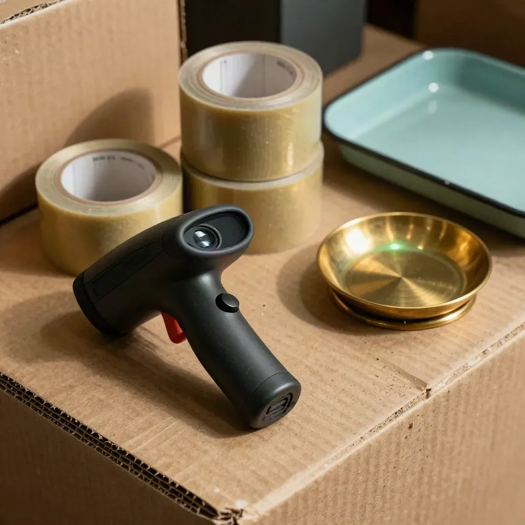 Barcode scanner, carton tape rolls, and brass scale on a worn packing counter