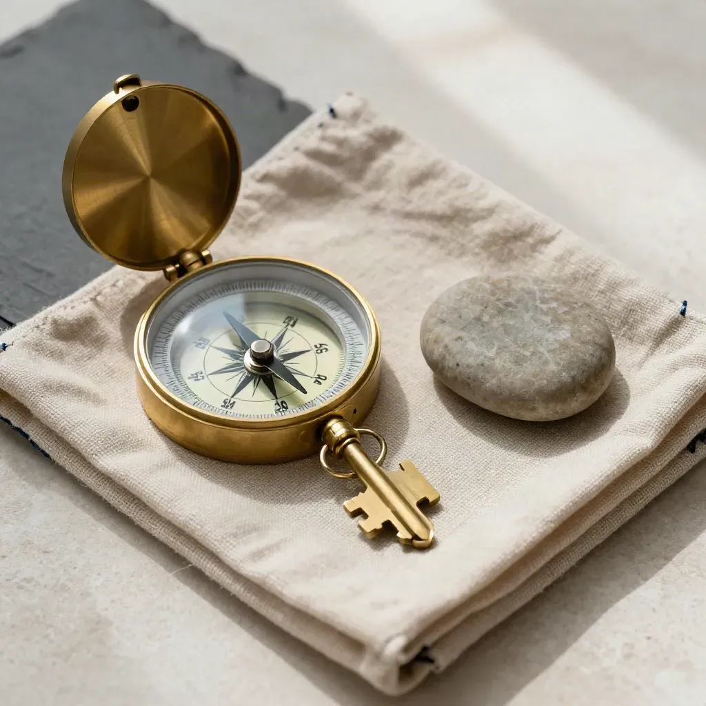 Brass compass, blank key and river stone on a linen tray, overhead flatlay