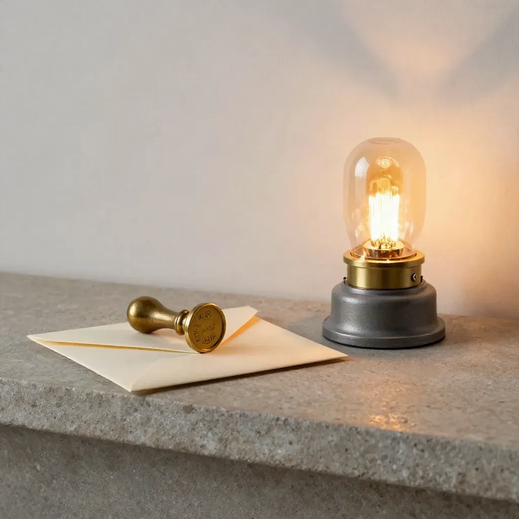 Brass seal, closed envelope, and glowing signal lamp on a stone shelf