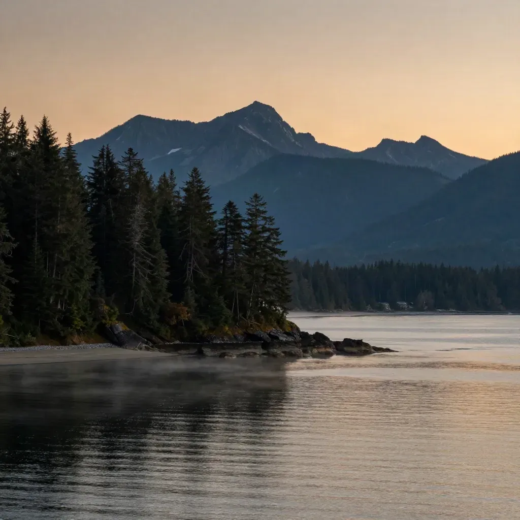 Blue-hour coastal mountains and calm inlet near Vancouver with mist and warm light