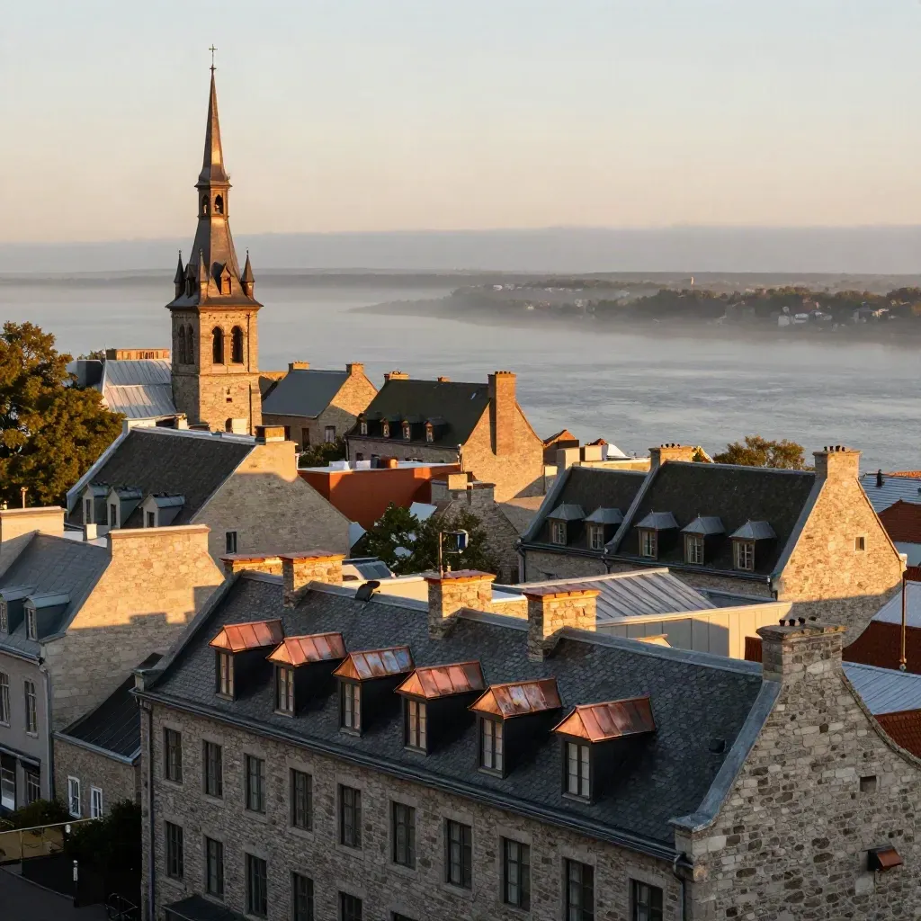 Old Quebec rooftops glowing above the St. Lawrence at golden hour, with calm mist below.