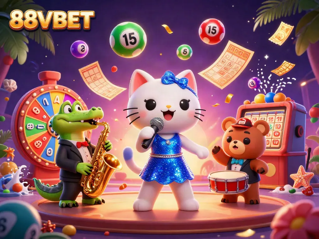 Experience the excitement of 88VBET with a vibrant casino scene featuring a jazz cat singer, sax crocodile, and drum bear amidst animated lottery elements.