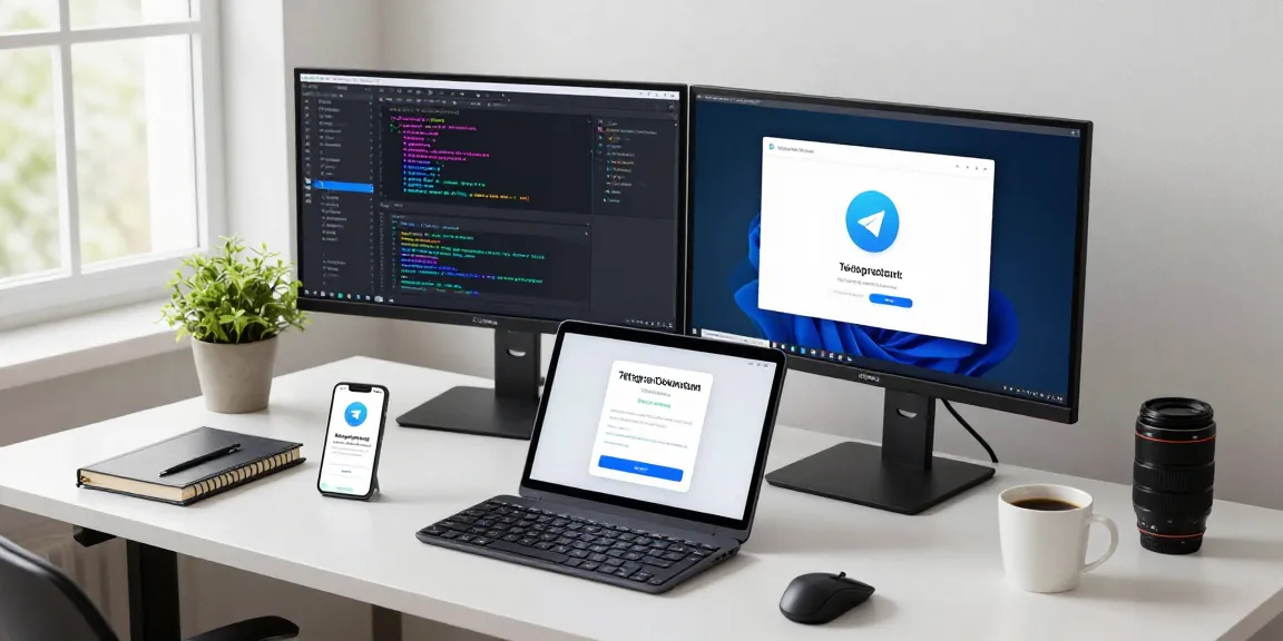 Developer using Telegram Download on multiple devices in a bright workspace.
