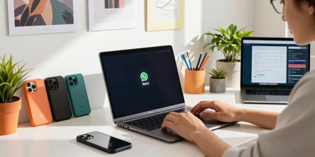 Engaging home office scene with WhatsApp Aero displayed on smartphone, showcasing vibrant themes and creativity.