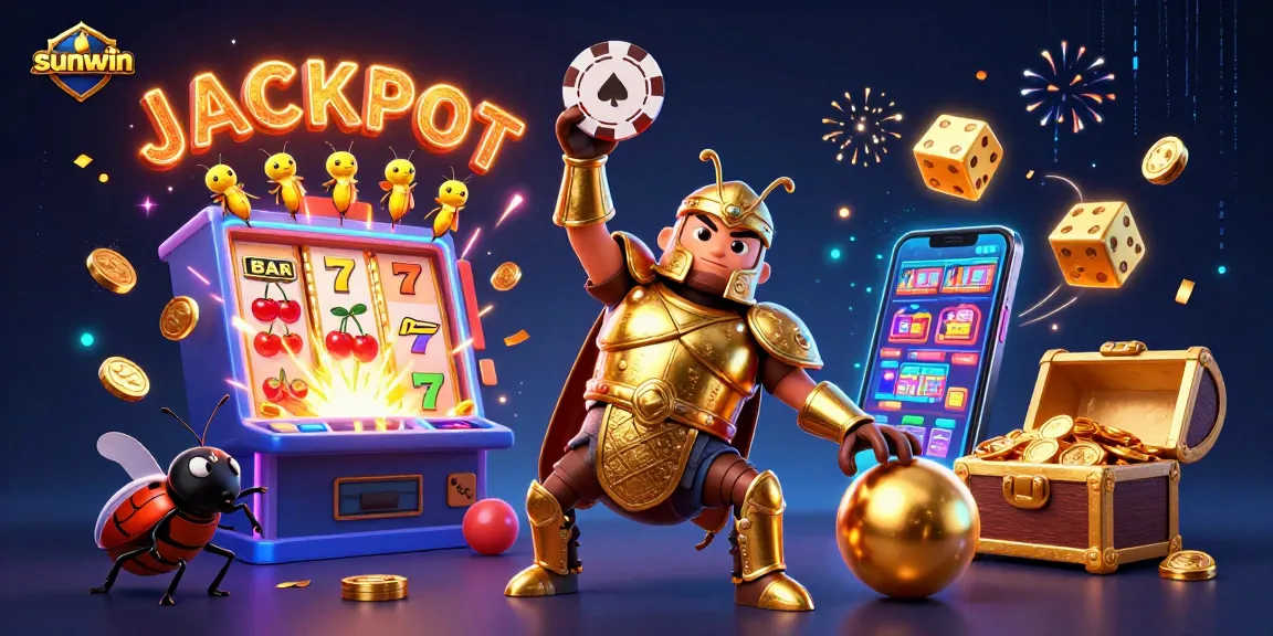 Win big with sunwin as a victorious beetle lifts a poker chip surrounded by jackpot elements.