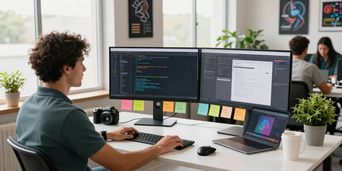 Dynamic workspace of WPS Official Website developer, engaging with multiple screens in a bright, modern office setting.