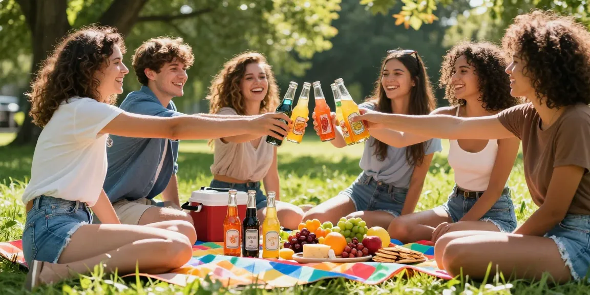 Friends enjoying craft soda at a vibrant summer picnic, showcasing unique glass bottles and gourmet snacks.