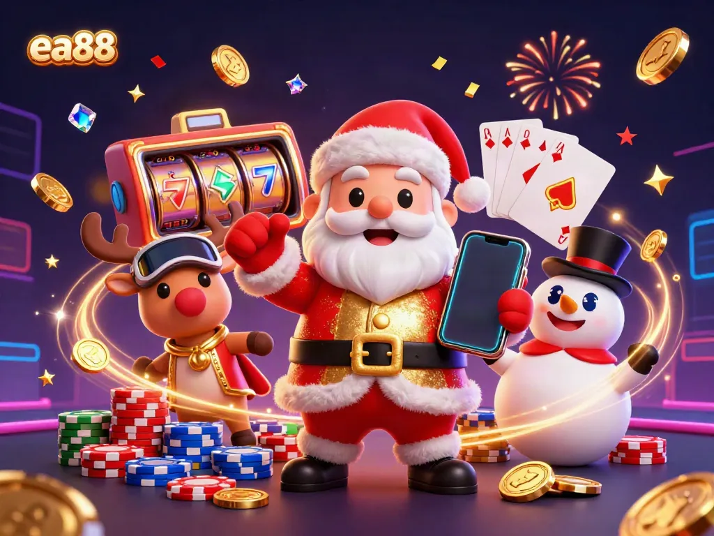 Engage in thrilling jackpot excitement with ea88 as Santa, his reindeer, and a snowman casino-themed illustration.